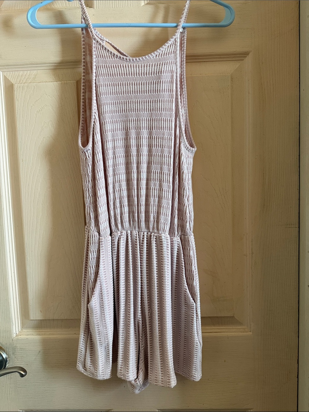 Caution To The Wind Light Mauve Knit Sleeveless Pocket Romper